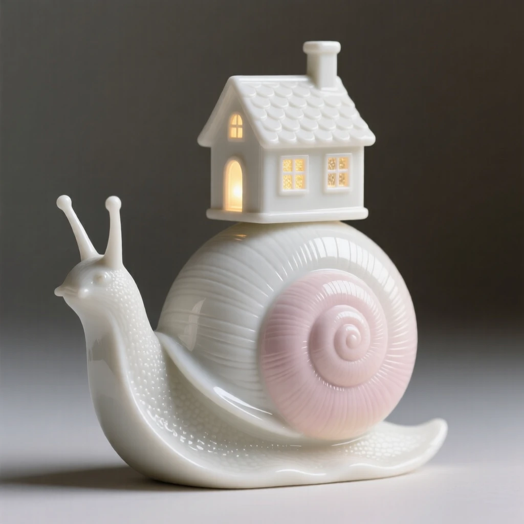 A dreamlike scene of a snail carrying a tiny glowing cottage on its shell, quietly majestic and softly luminous.