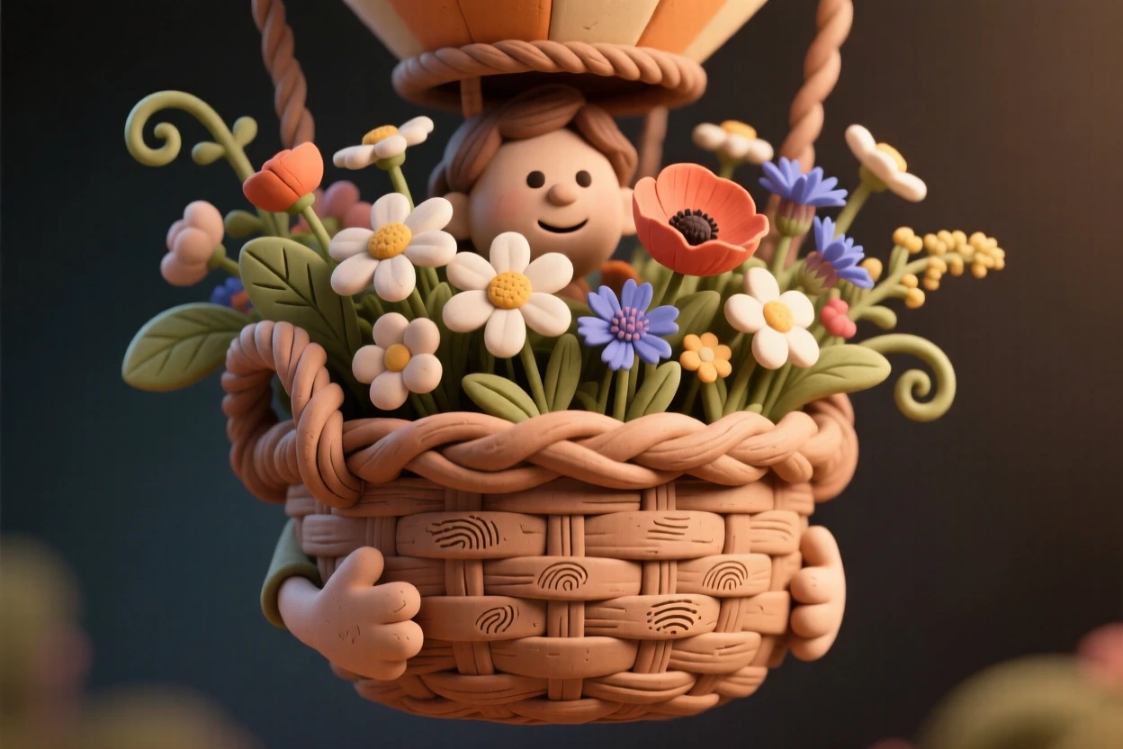 A hot air balloon basket overflowing with blooming wildflowers
