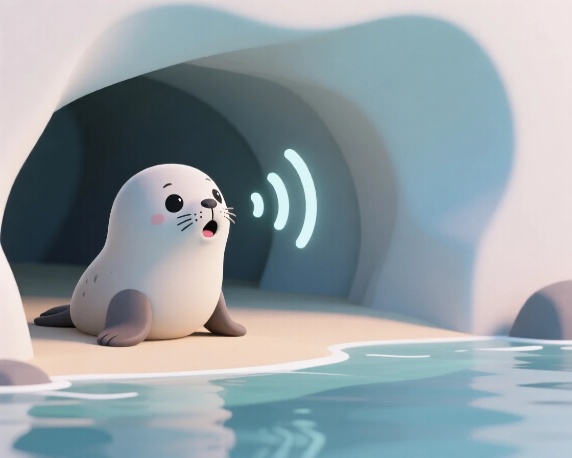 A curious baby seal pup barks playfully at its own echo inside a quiet coastal sea cave.