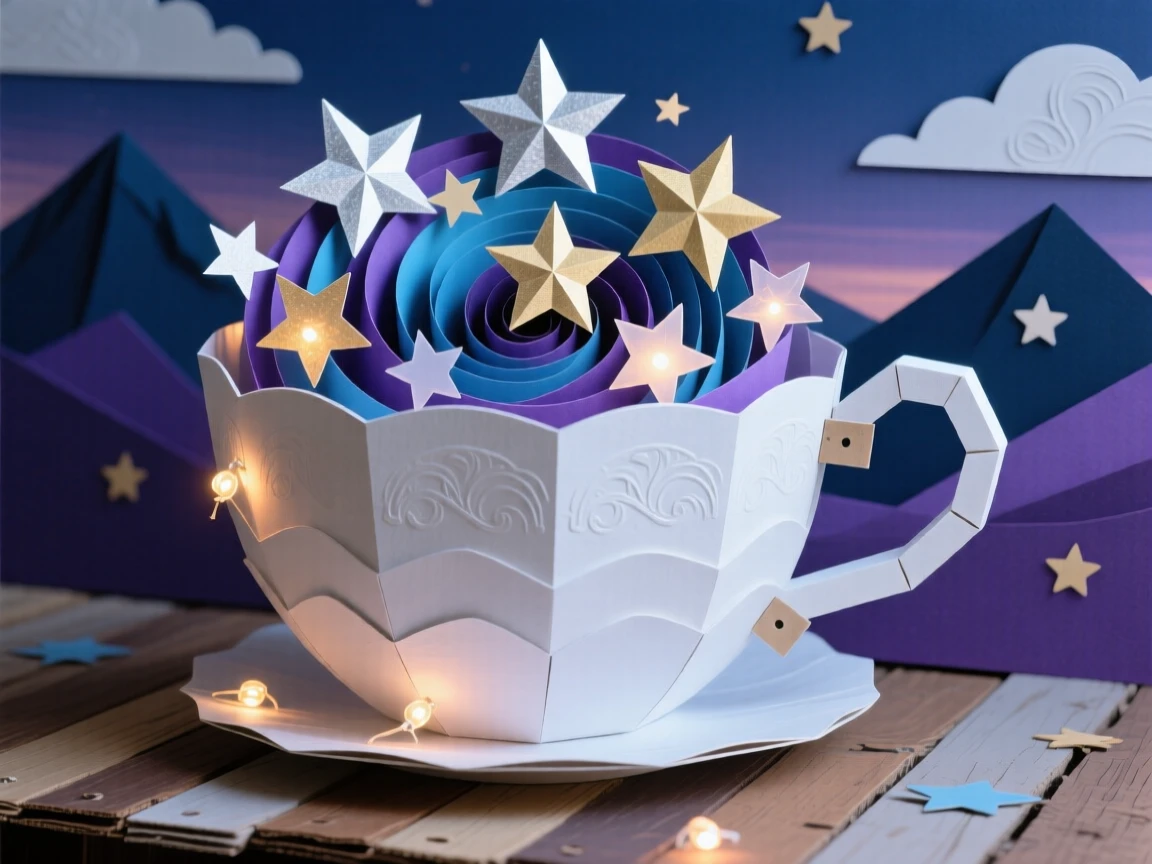 A gigantic teacup filled with swirling stars glowing softly beneath a twilight sky, with tiny lights glowing from within, capturing quiet, enchanting mystery.