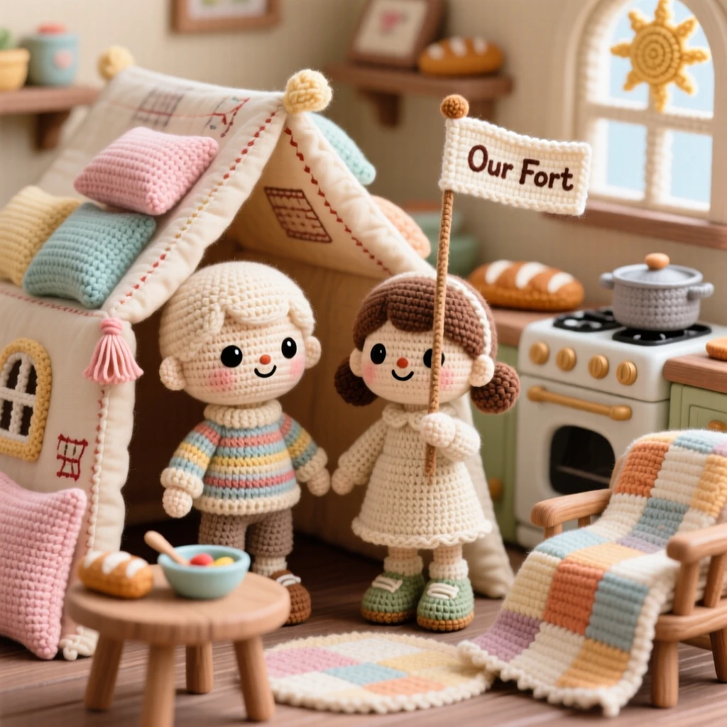 A heartwarming family moment: siblings building a pillow fort city together with several connected rooms, proudly showing off their creation within a cozy kitchen filled with the smell of home cooking; a warm quilt draped over a nearby chair nearby, full of the simple joy of everyday family life.