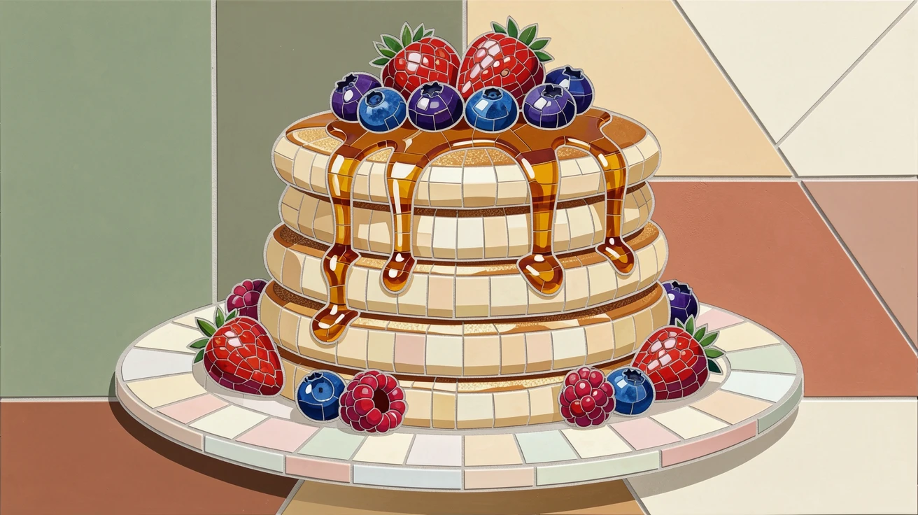 A close-up gourmet food photograph of a stack of fluffy pancakes drizzled with maple syrup and fresh berries, with rich color and inviting texture.