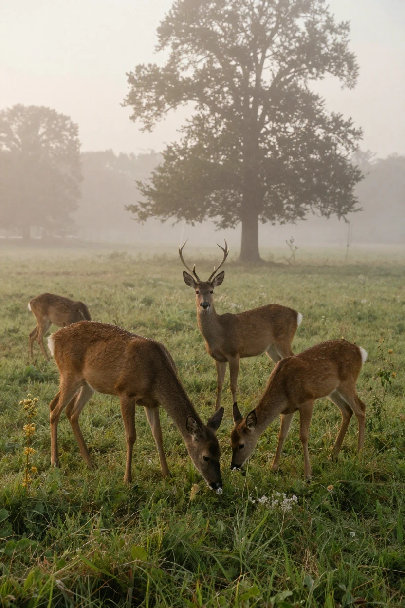 A family of deer grazes at the edge of a misty meadow just after dawn.
