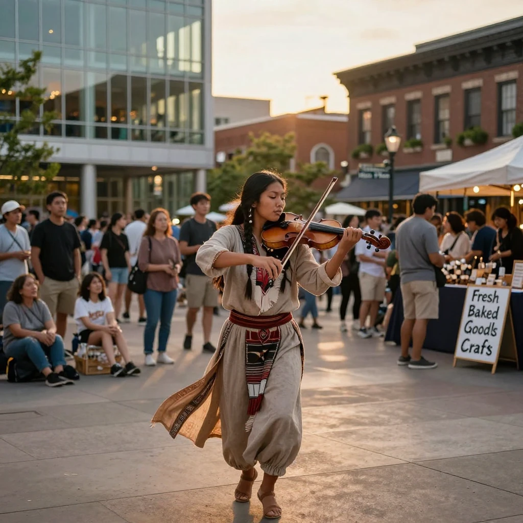 A young violinist moving in perfect harmony with one another in a crowded city plaza