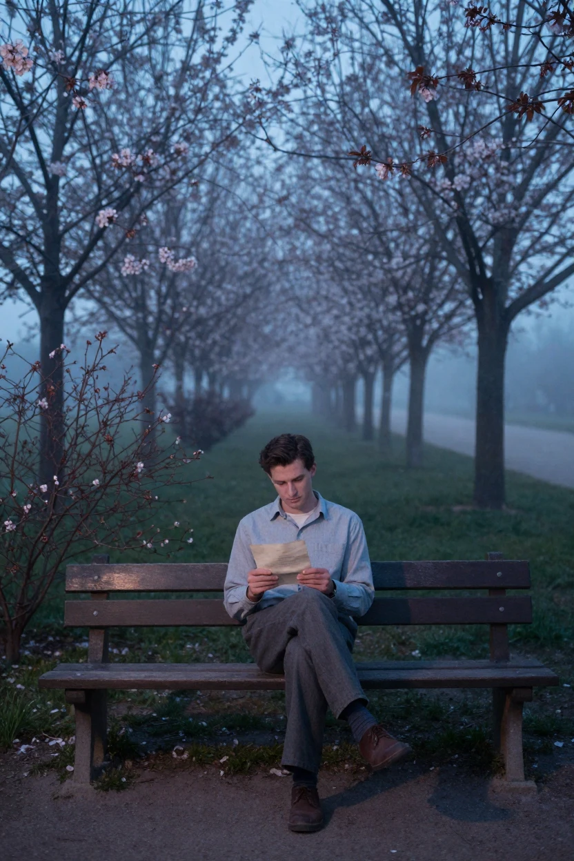 A man reading a letter on a park bench, lost in thought, in cool blue twilight, in thick rolling fog, as spring blossoms unfurl, in cool blues and silvery greys, framed symmetrically down a long corridor.