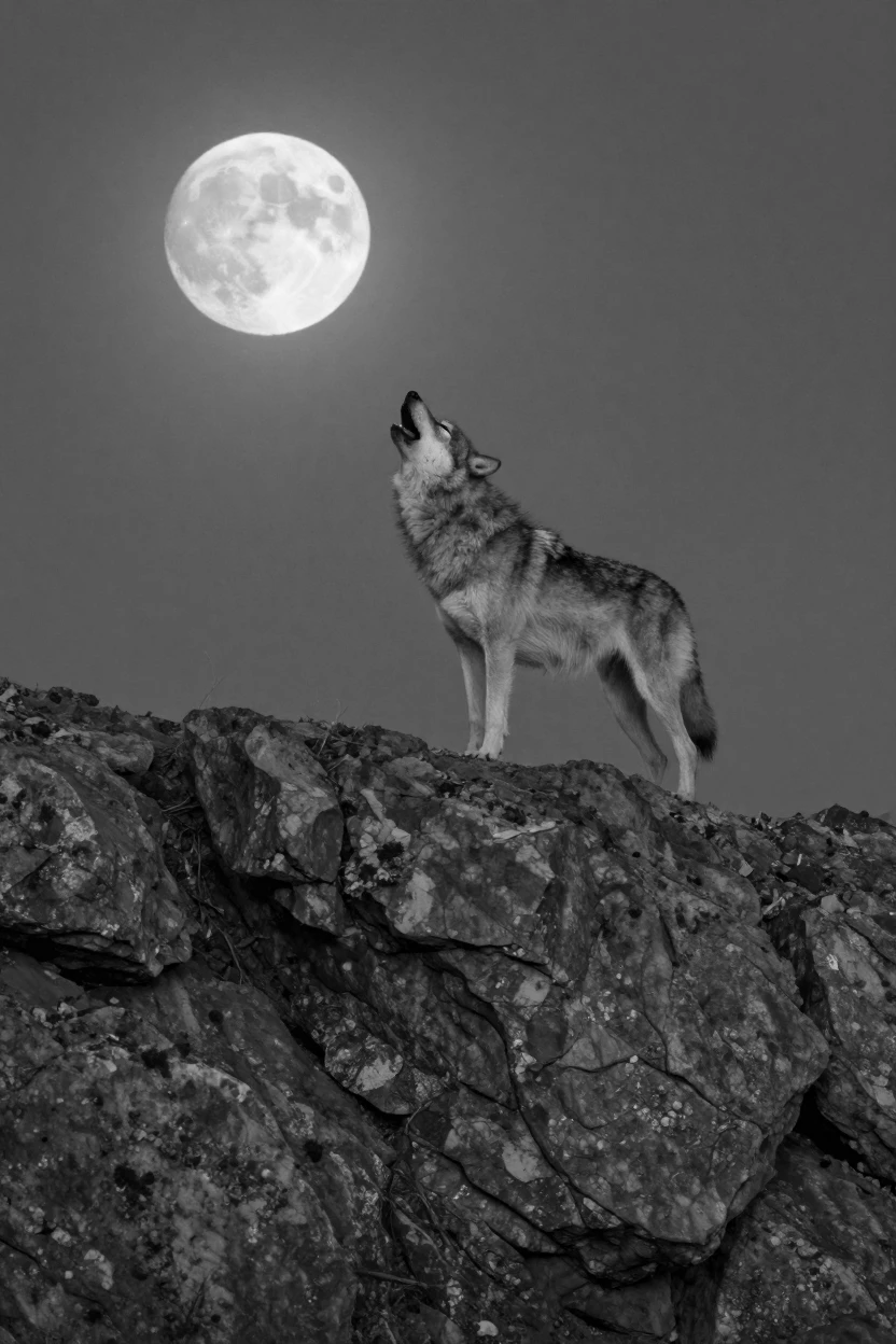 A lone wolf howls beneath a full moon atop a moonlit rocky outcrop.