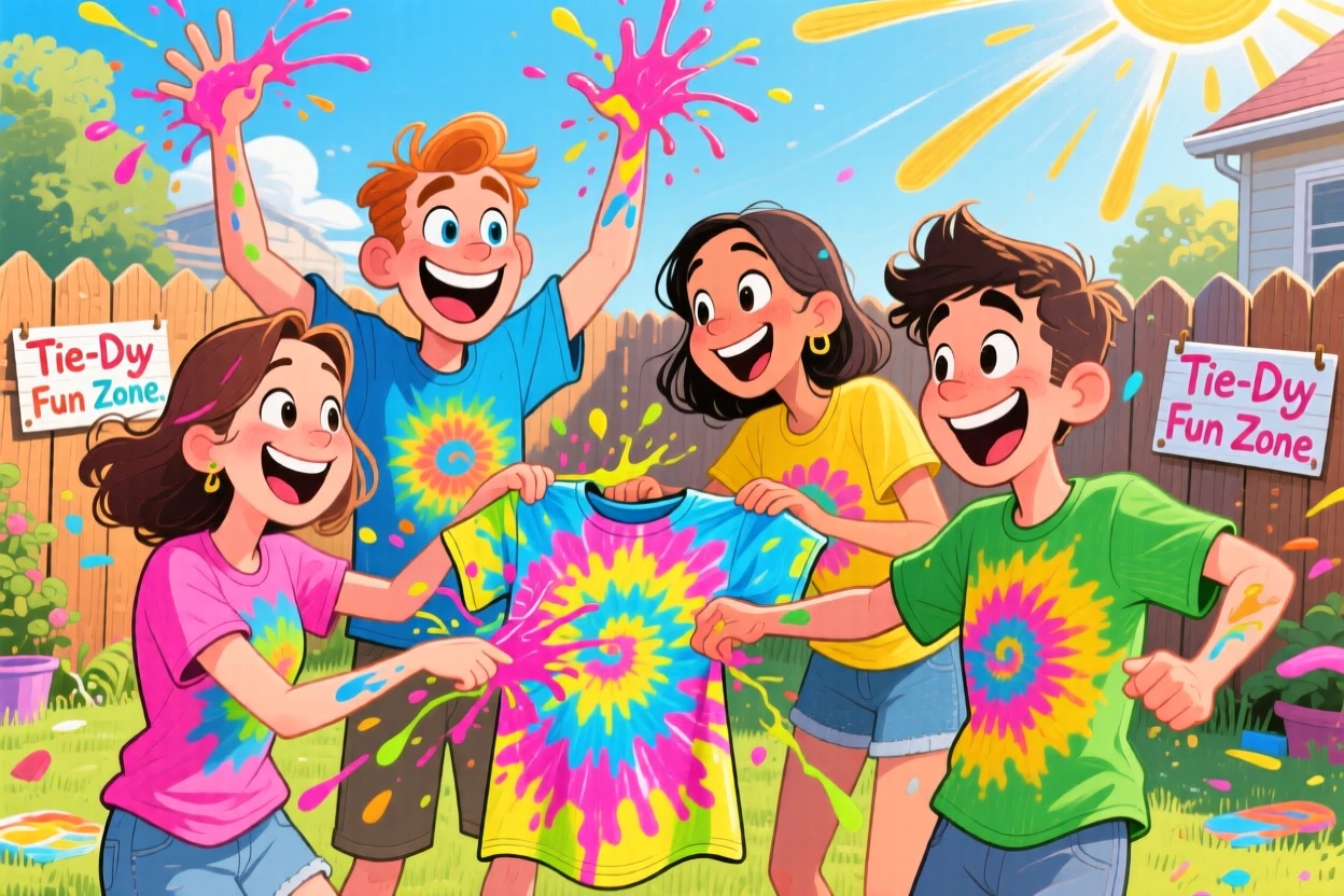 A group of friends tie-dying shirts together in a sunny backyard.