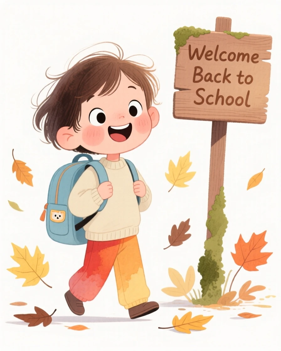 A charming seasonal scene of a first-day-of-school scene with a backpack and autumn leaves