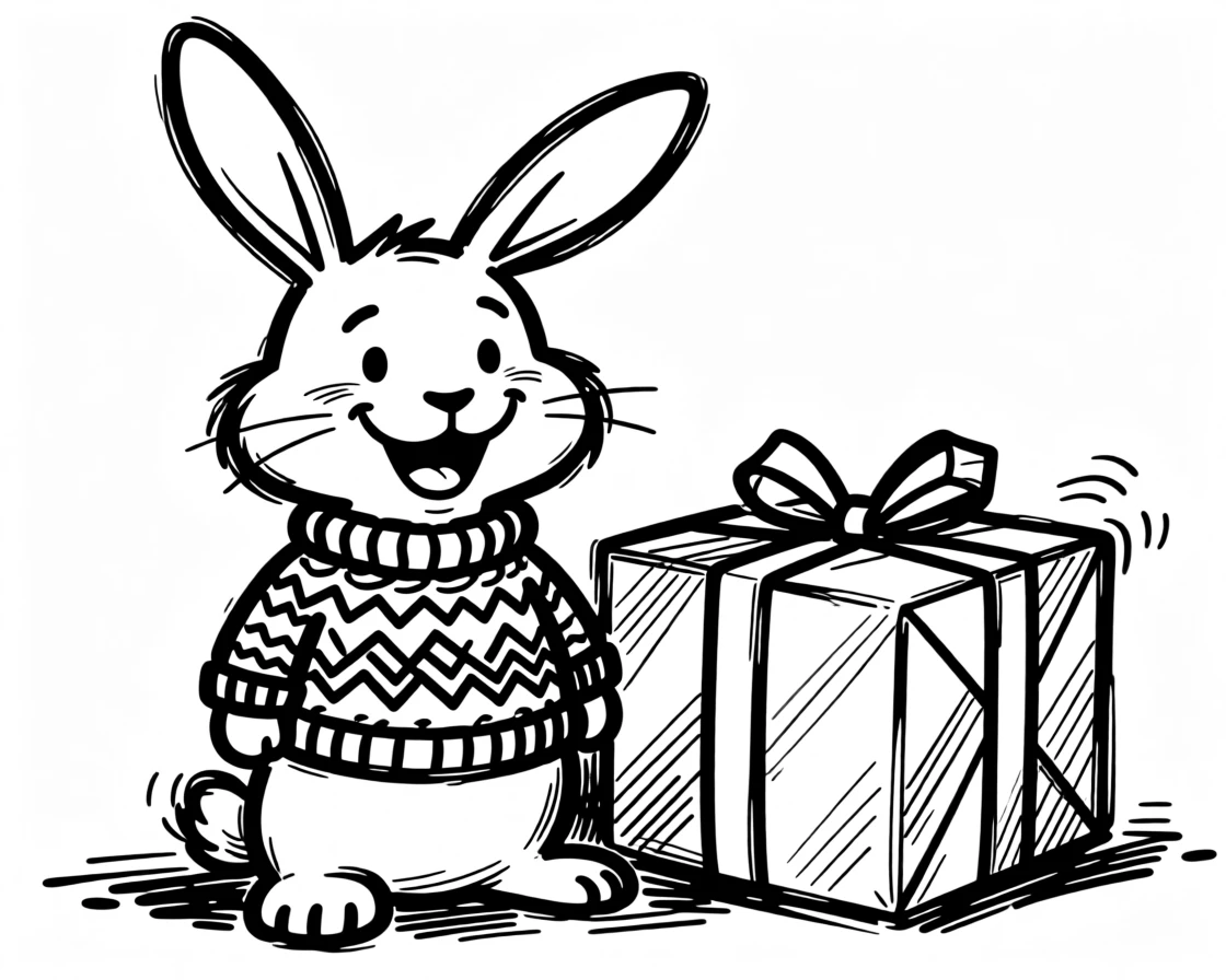 A bunny rabbit wearing a knitted holiday sweater, sitting beside a wrapped present twice its size.