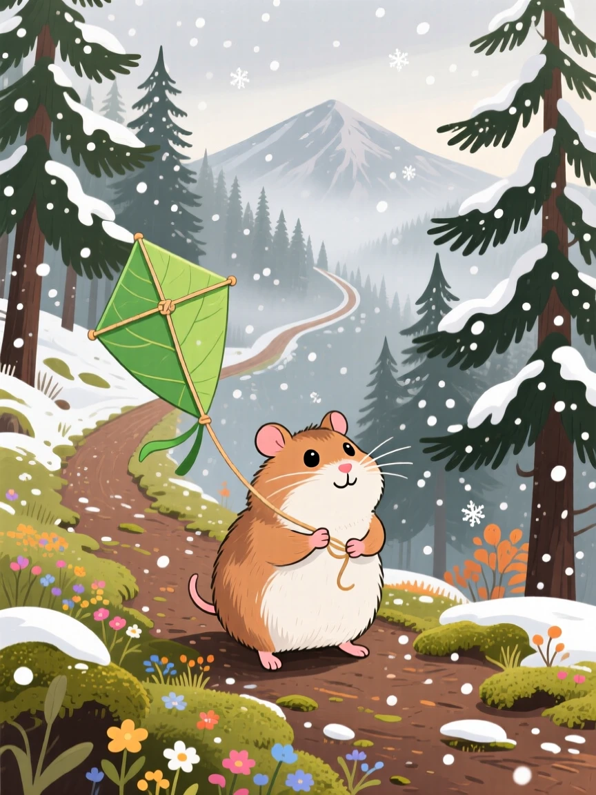 A plump hamster pauses from flying a kite made of leaves to look up in a winding mountain trail, with the first snowflakes falling softly.
