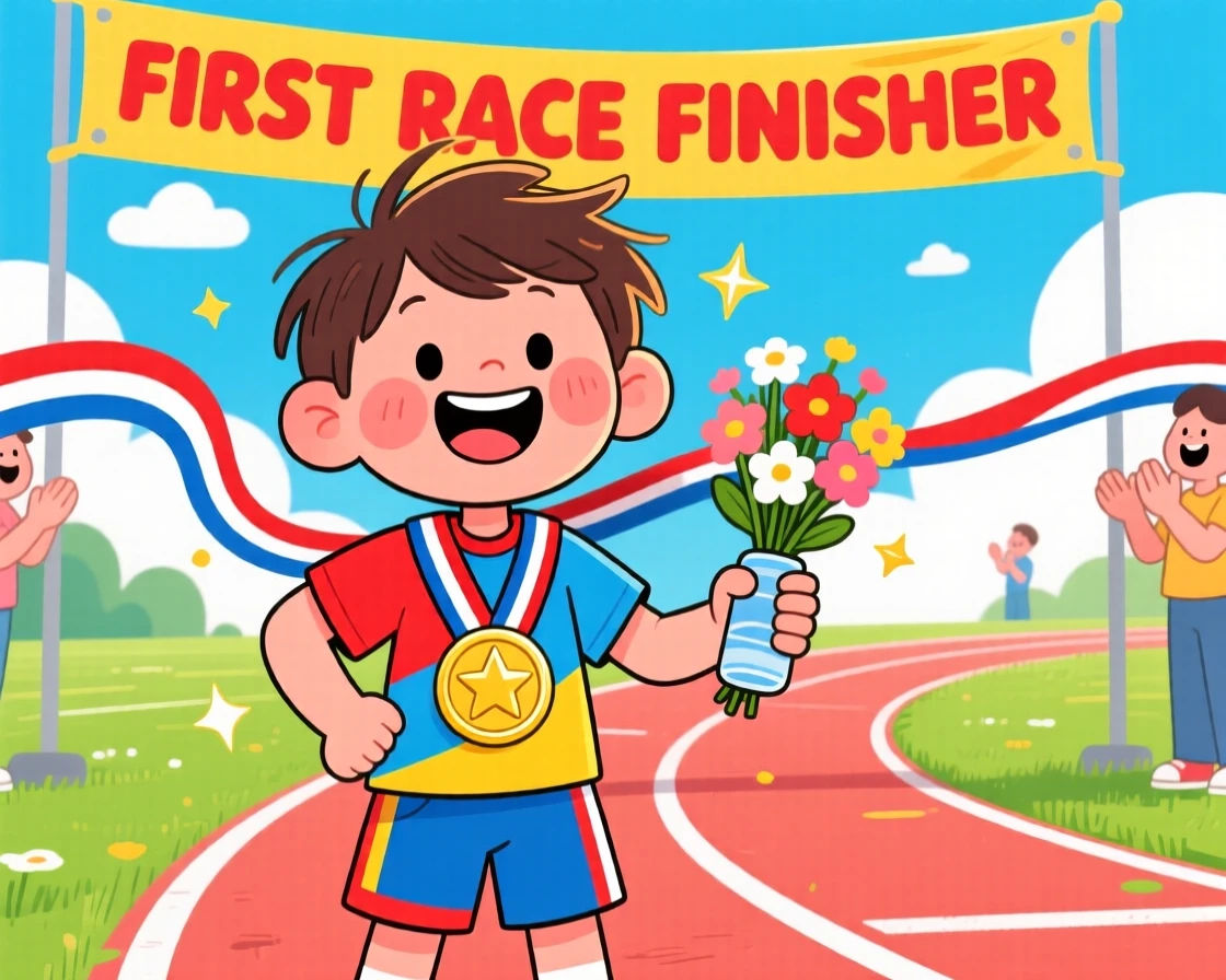 A child proudly wearing a medal after finishing their first race.