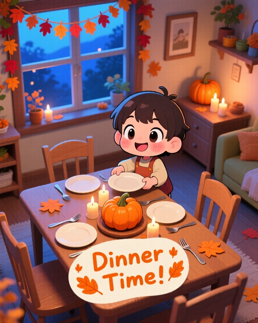High aerial view of a child, setting the table for dinner, in a warm family dining room, on a crisp autumn afternoon, illuminated by cool blue twilight glow, radiating triumphant pride.