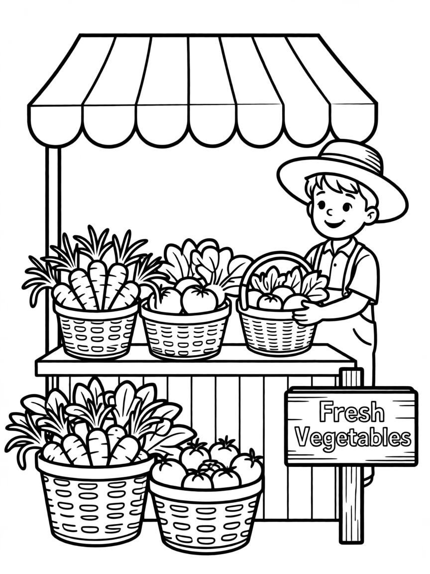 A farmer's market stand with baskets of fresh vegetables