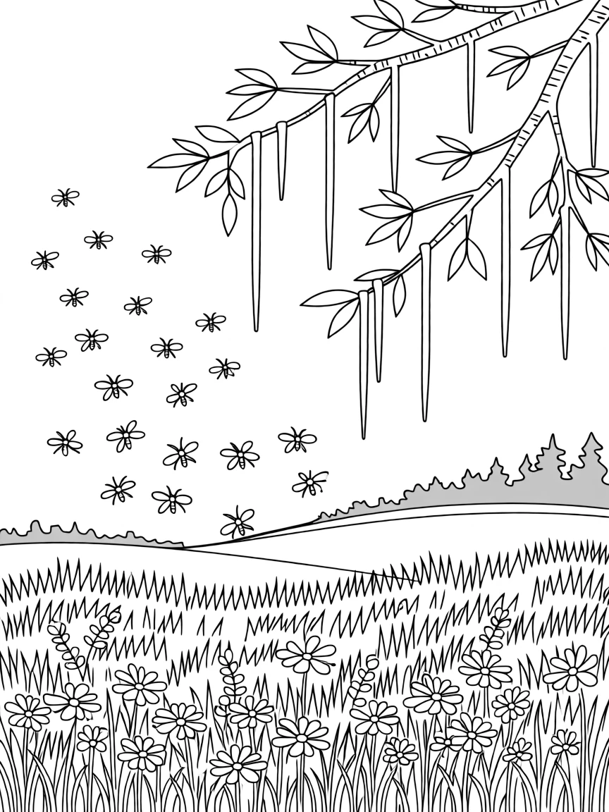 A firefly swarm glowing above a summer meadow at dusk, with icicles hanging from nearby branches.