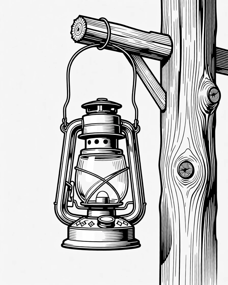 A vintage lantern hanging from a rustic wooden post