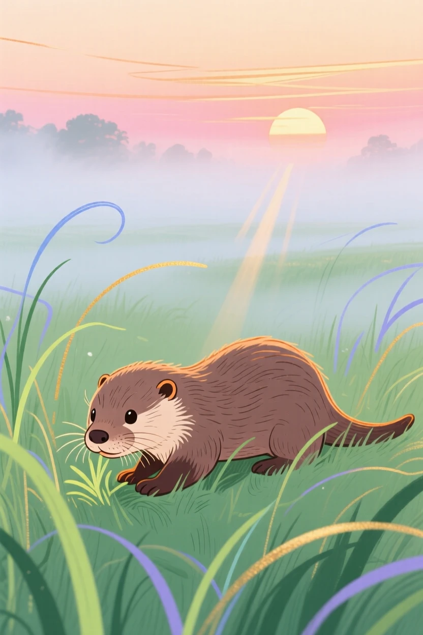 A baby otter grazing in a misty morning field at sunset.