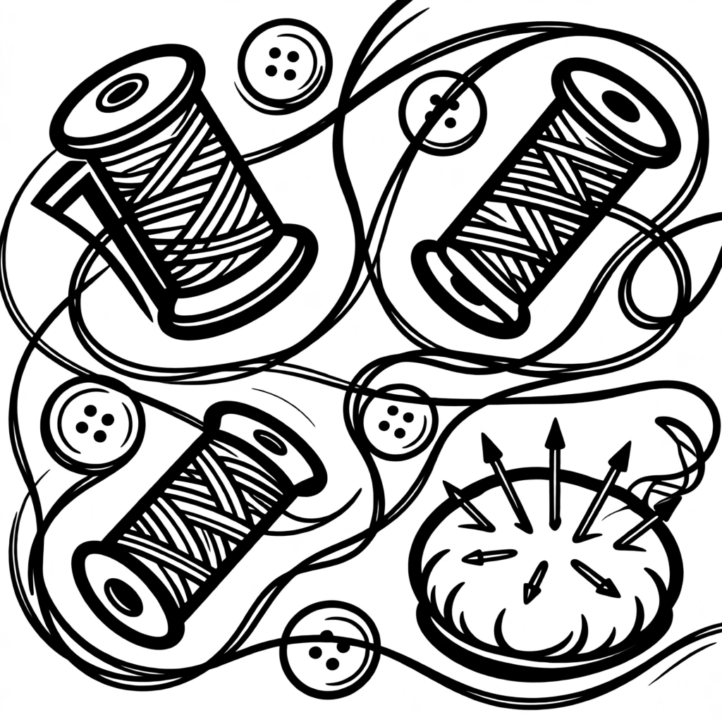 A flat lay of sewing supplies including thread spools, buttons, and a pincushion.