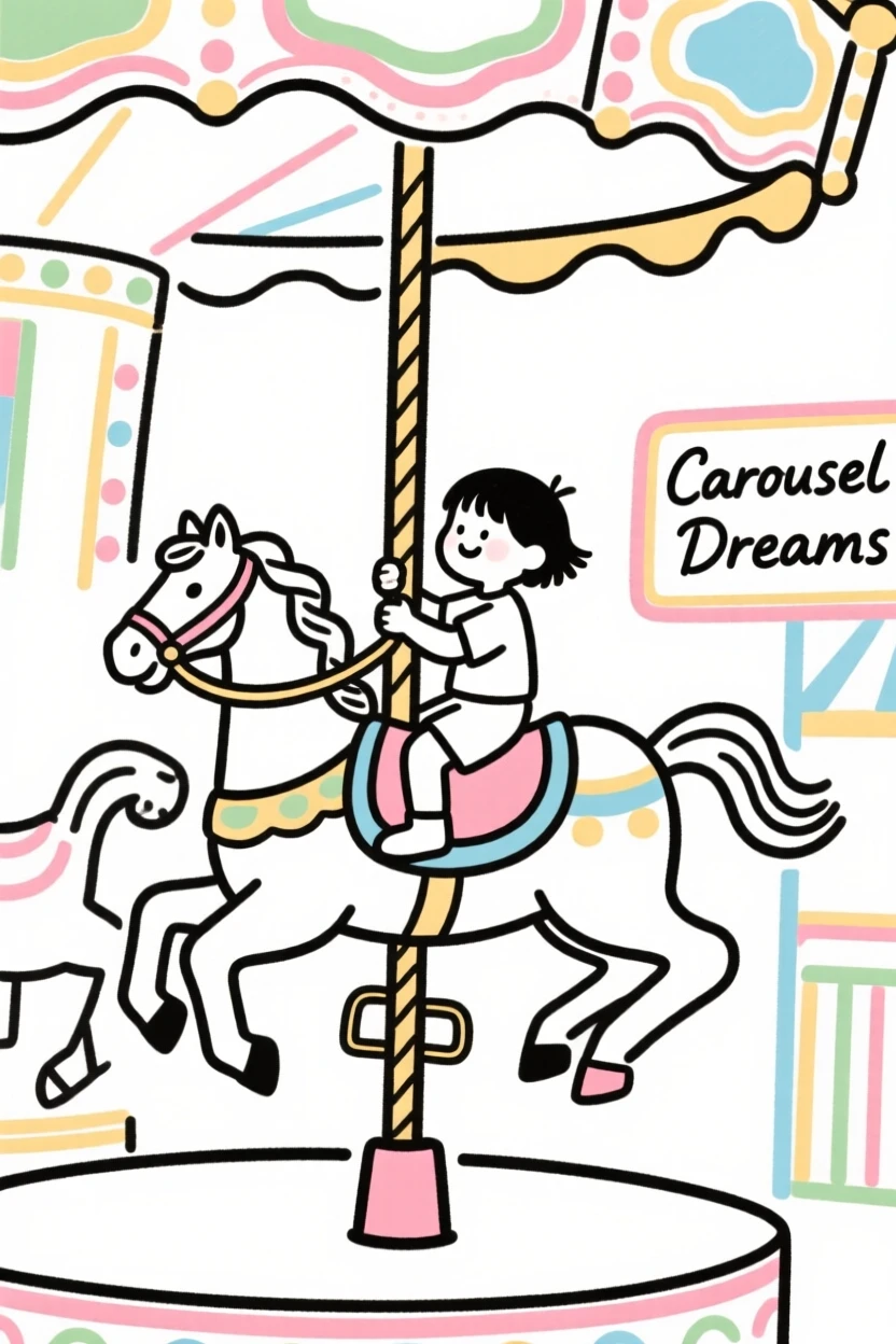 A child riding a carousel horse at a colorful amusement park.
