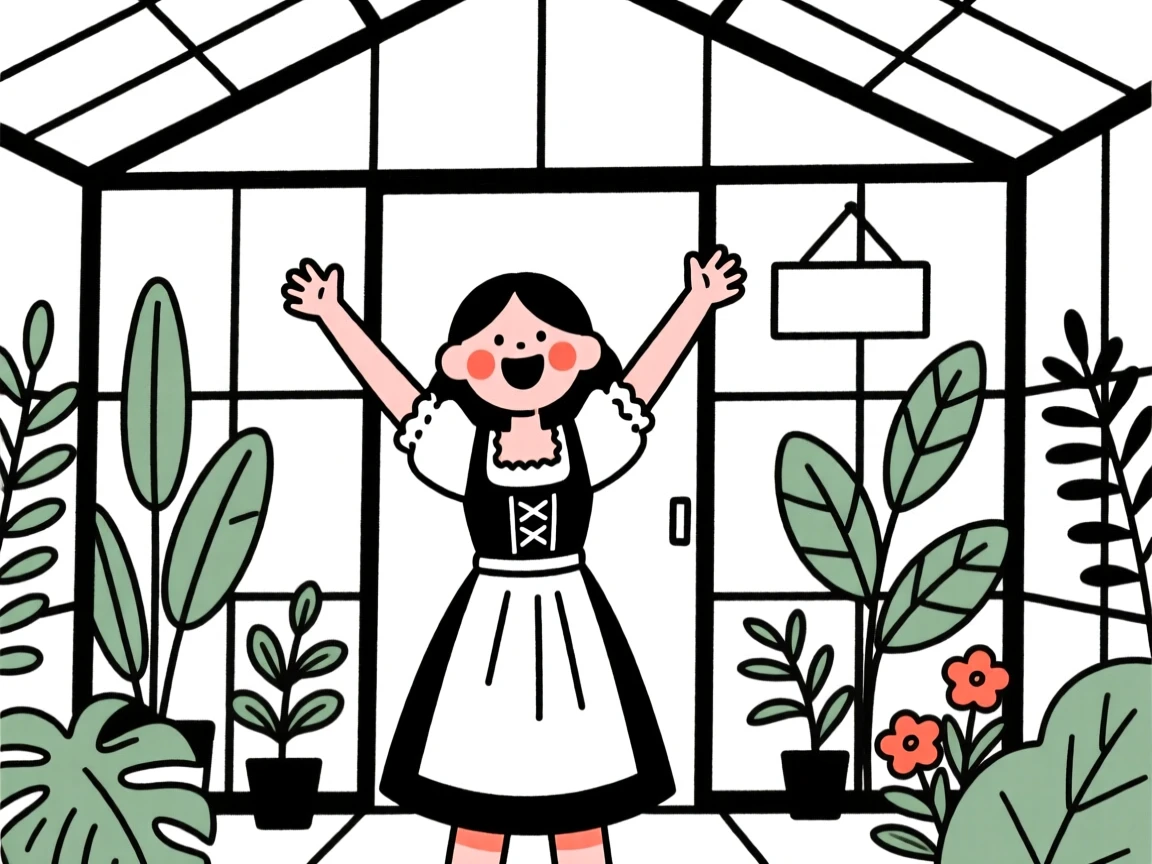 A college student of Hawaiian heritage wearing a Bavarian dirndl, bursting with excitement, in a botanical garden greenhouse.