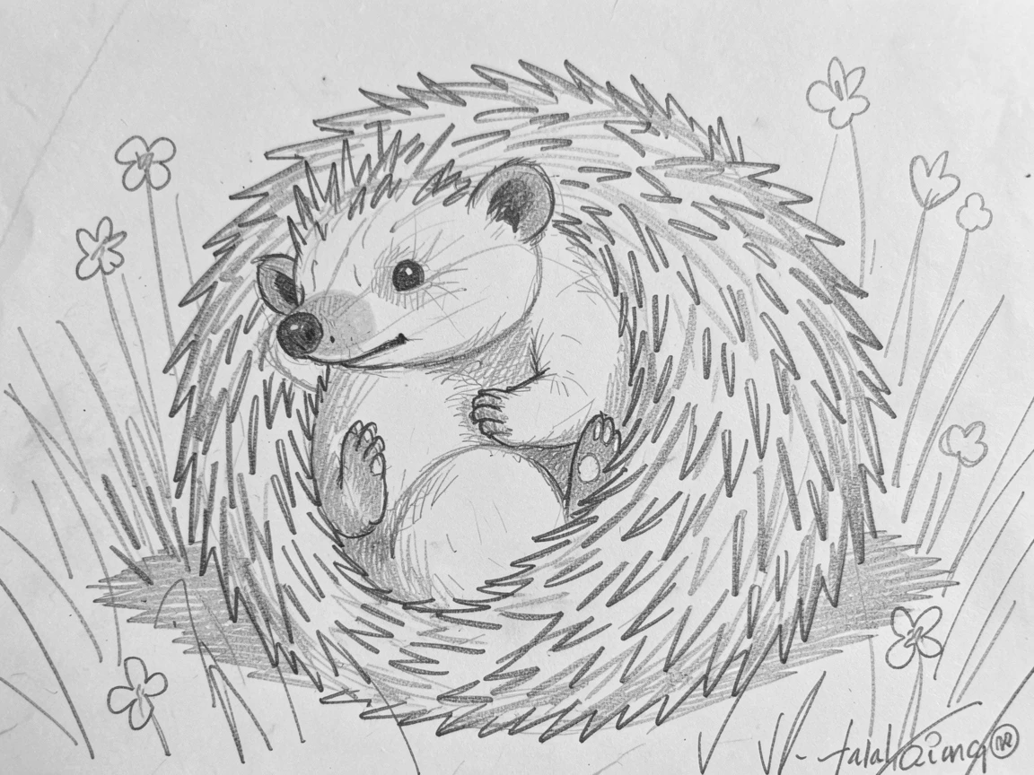 A charming close-up of a hedgehog curled into a tiny ball in a sunlit garden, with tiny paws tucked in close.