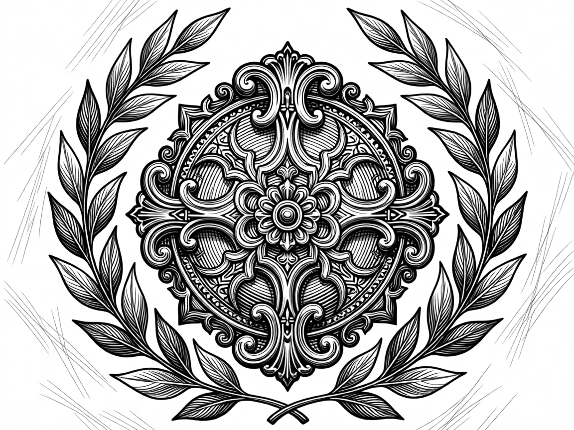 A decorative medallion framed by laurel branches designed as an elegant decorative motif, with fine linework tracing every curve and edge, forming a luxuriously detailed decorative composition.