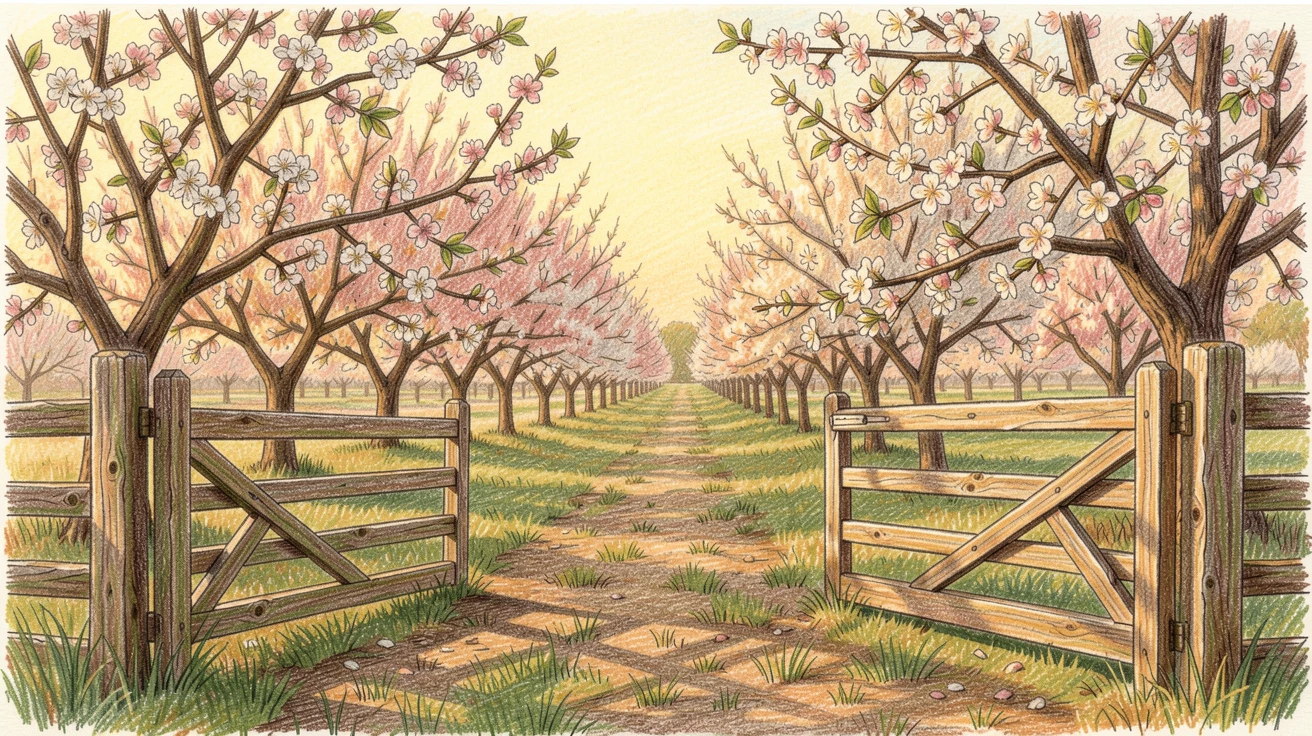 A rural orchard gate opening onto rows of blossoming trees, bathed in the warm glow of golden-hour light, celebrating a moment people would love to revisit.