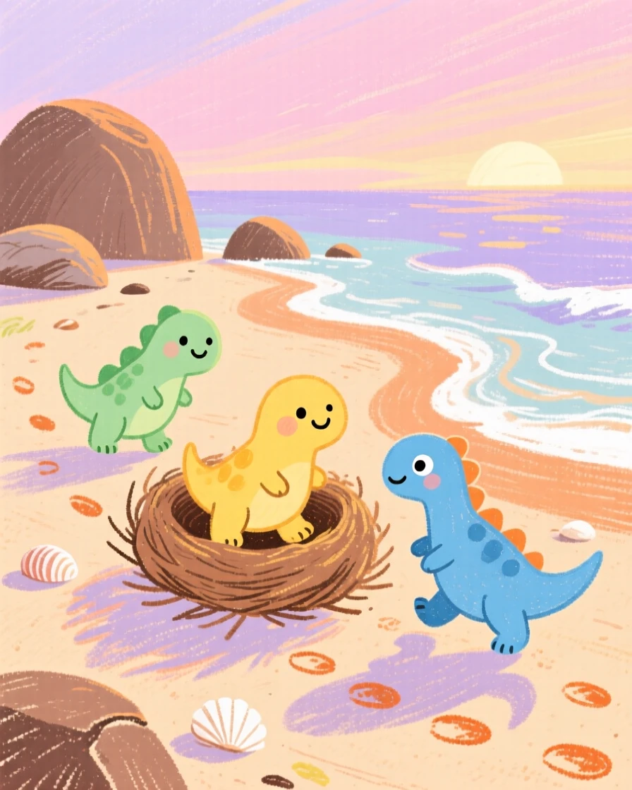 A nest of baby dinosaurs walking along a beach at the dawn of time.