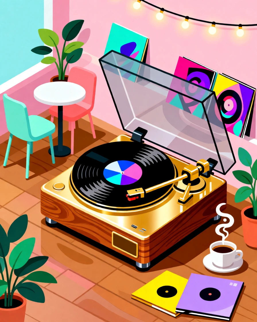 A stylish record player spinning at a cozy vinyl café, surrounded by a lively, youthful energy, arranged with a trendy, effortlessly stylish balance, with vibrant, trendy colors that feel fresh and current.
