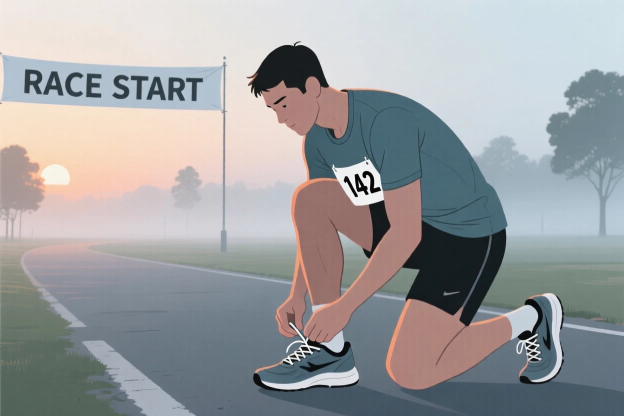 A runner tying their shoes on a quiet morning before a race.