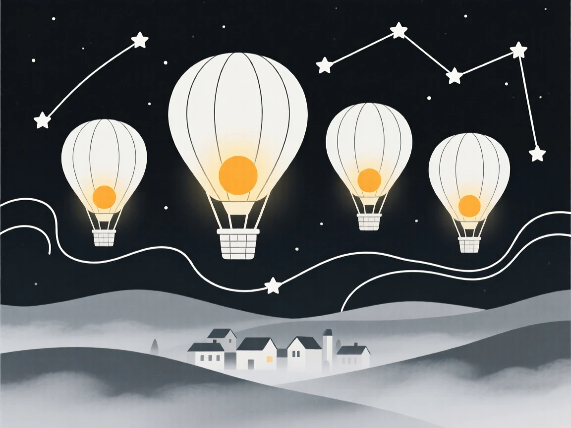 A lantern-lit hot air balloon village floating above a mist-covered valley, surrounded by swirling constellations, radiating quiet enchantment.
