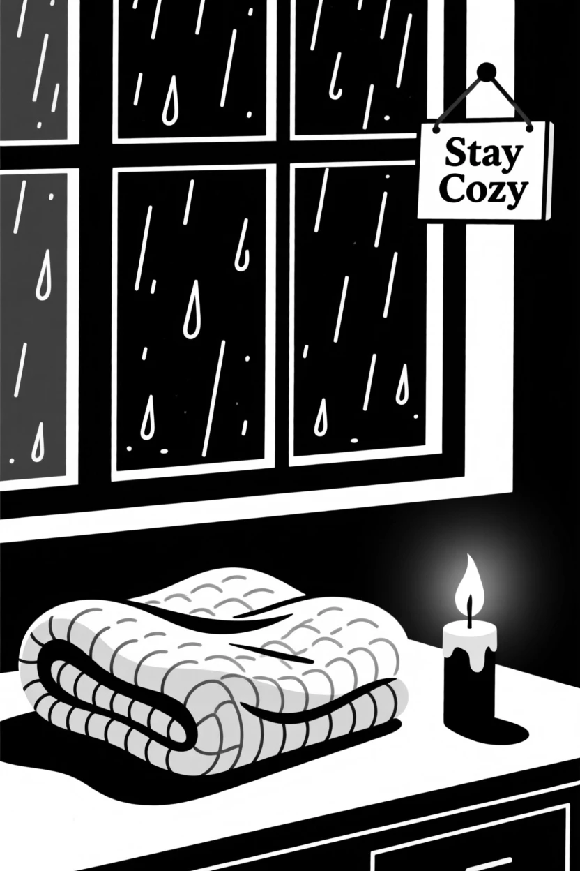 A warm blanket and candle beside a rainy windowpane.