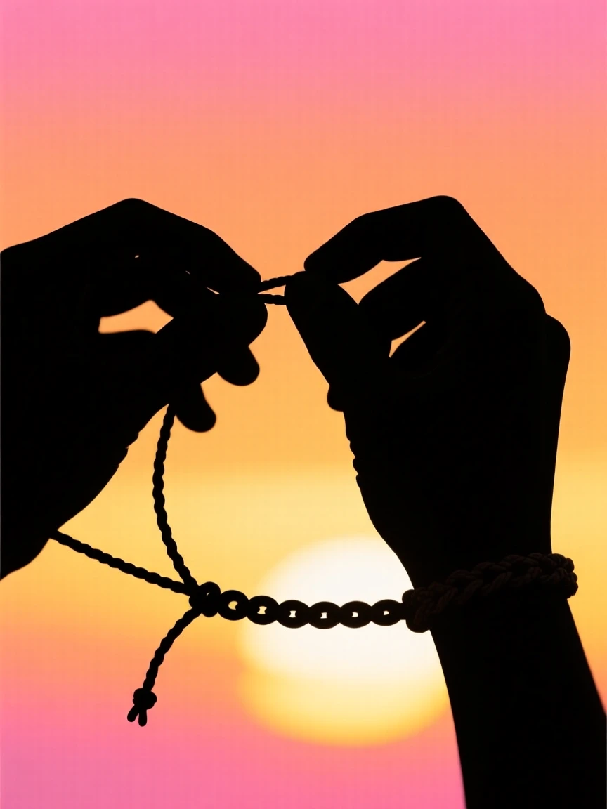 A pair of hands tying the final knot on a handmade friendship bracelet.