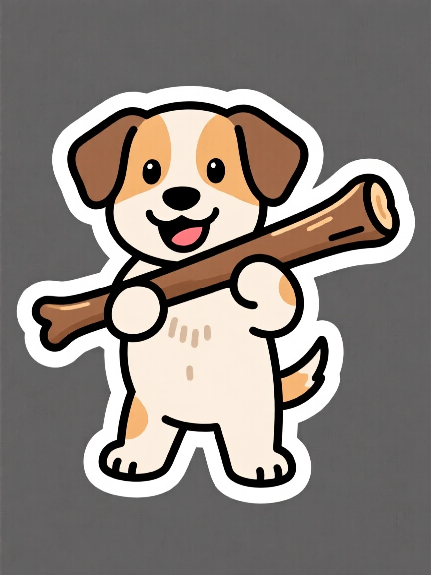 A delightfully relatable puppy proudly holding a stick twice its size, radiating pure comfort and joy, a small joyful moment worth capturing.