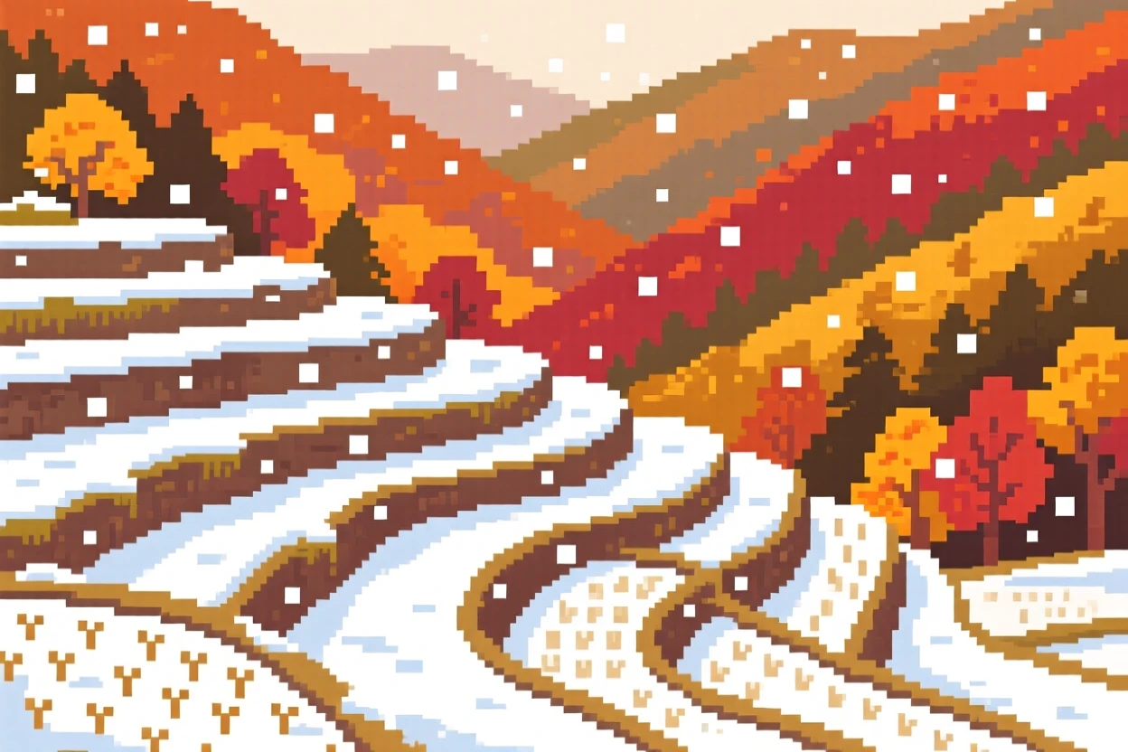 A terraced rice field dusted with a light layer of fresh snow, within a valley covered in autumn color.