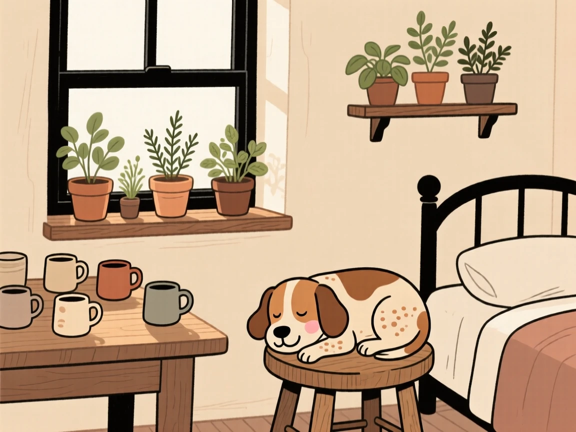 Morning light spills across a cottage bedroom filled with potted herbs and mismatched mugs, where a old dog naps peacefully on the kitchen stool.