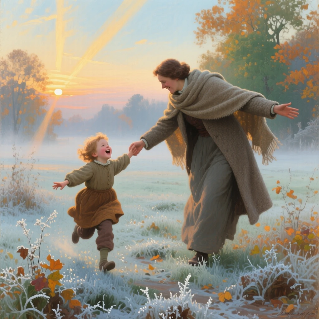 A balanced composition of a child running joyfully into a parent's open arms, during the first frost of autumn, just after sunrise.