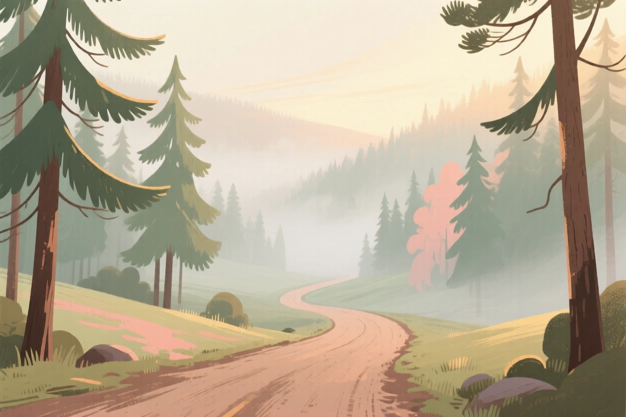 A misty pine forest valley with a single winding dirt road