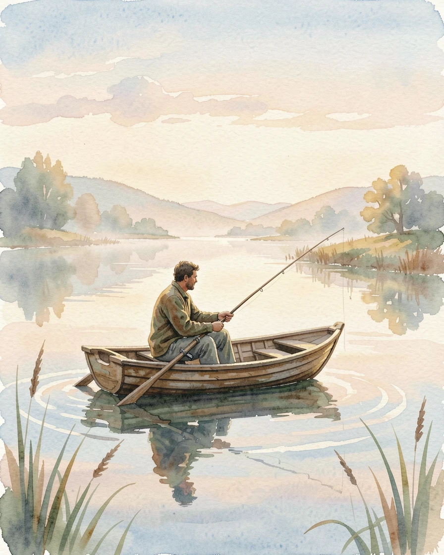 A man fishing quietly from a rowboat on a still lake in a relaxed, unhurried setting.