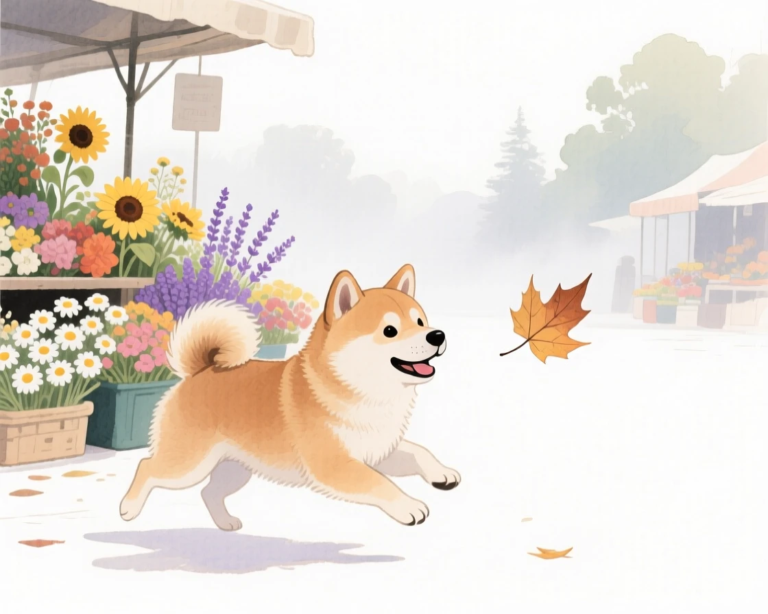 A Shiba Inu puppy chases a fluttering leaf in a market stall of flowers, as morning mist rises in the background