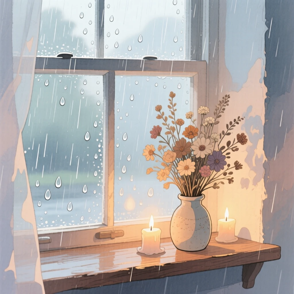 A rainy afternoon scene of raindrops on a windowpane with candles flickering inside, with dried flowers tucked into a small vase, evoking a gentle, unhurried happiness.