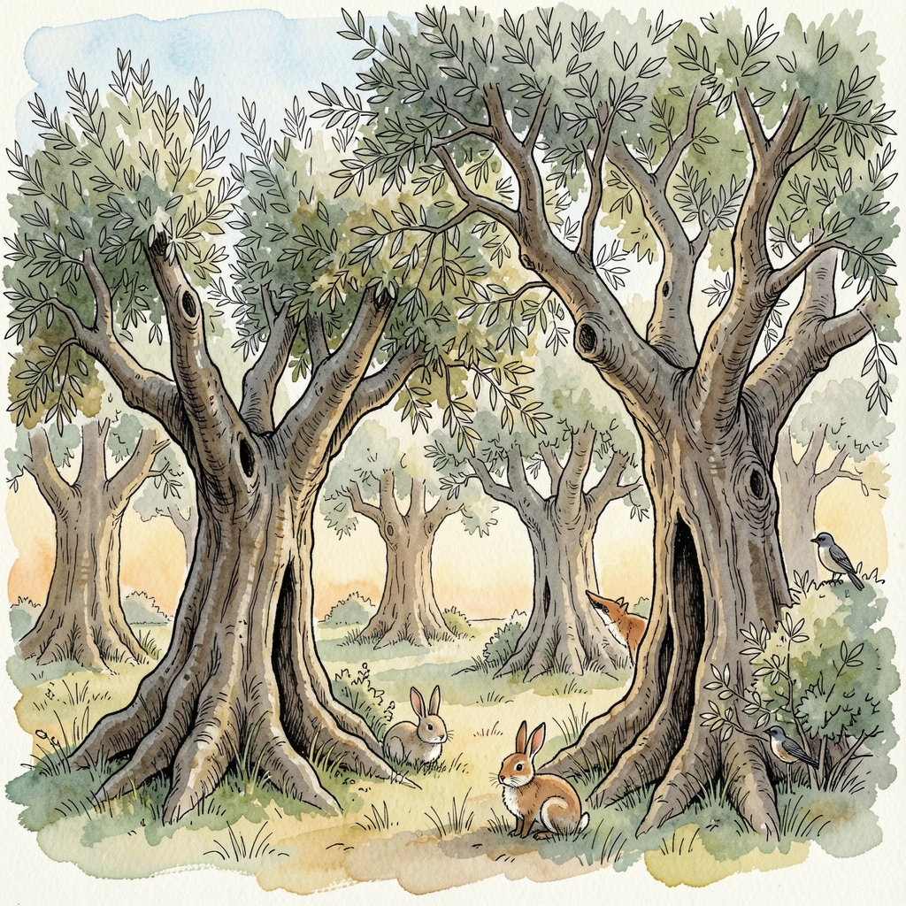 A grove of ancient olive trees twisted by centuries of wind, wildlife moving quietly at the edges of the scene.