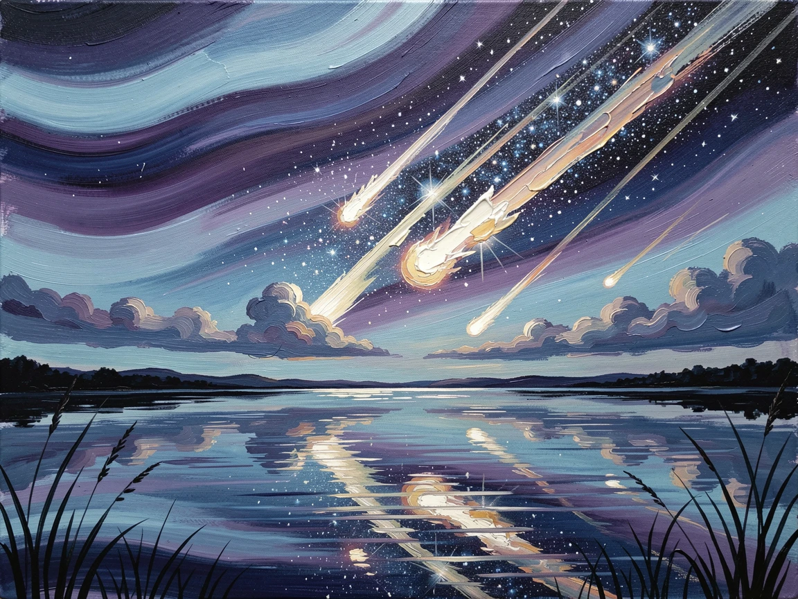 A meteor shower streaking across a star-filled sky, gentle waves of color rippling across the sky, beside a calm lake perfectly mirroring the sky, as clouds part to reveal a brilliant starfield.