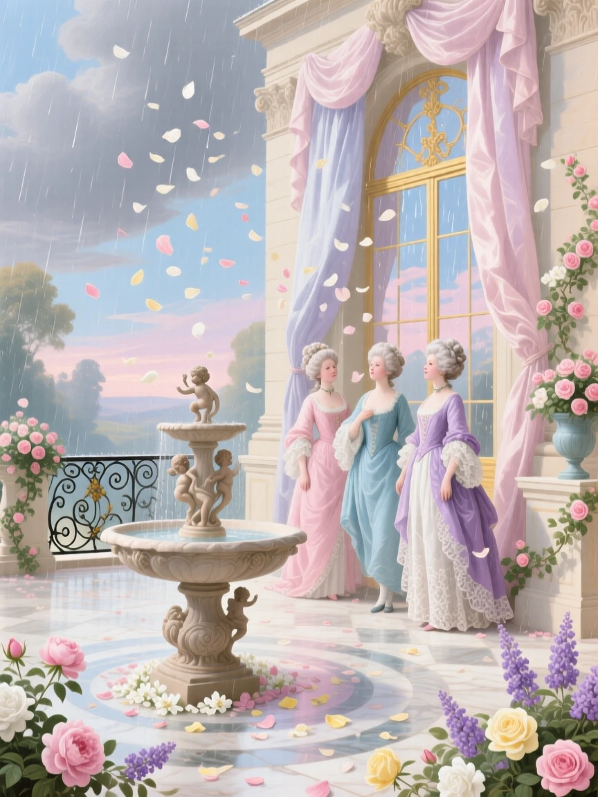 A palace terrace where rain falls as flower petals instead of water  
