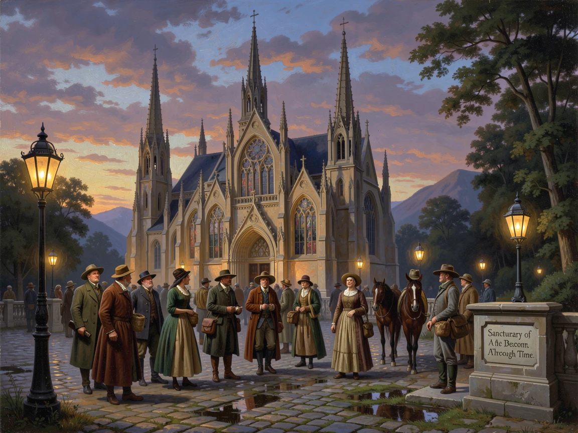 A group of travelers arrives in a plaza before an ornate cathedral as evening lanterns are lit.