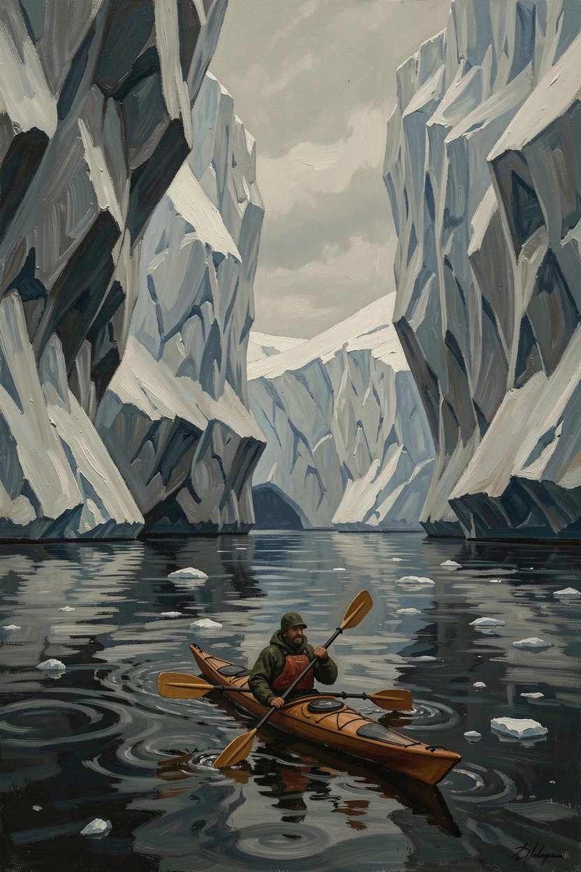 A kayaker gliding silently past massive icebergs in a polar fjord, as the vastness of the destination dwarfs the traveler in scale, designed to transport the viewer straight into the journey