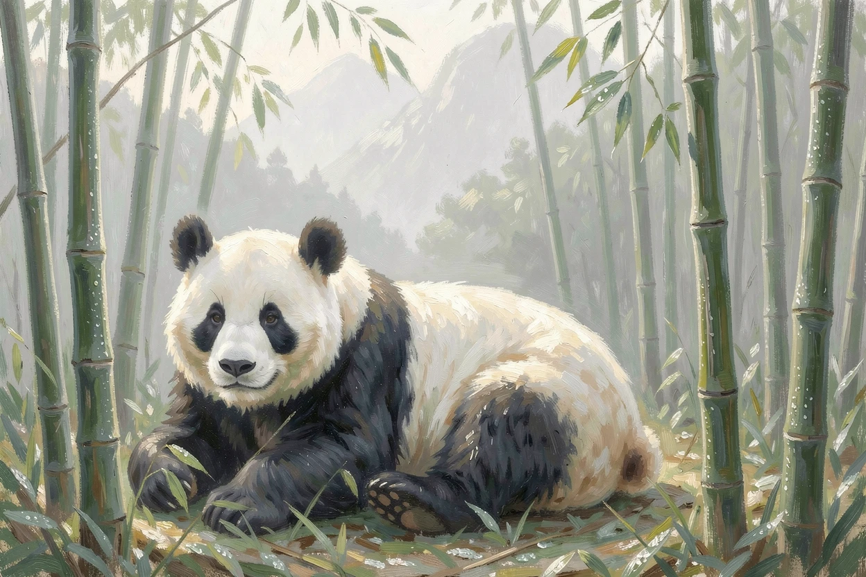 A giant panda resting among bamboo stalks in a misty mountain forest, radiating serenity and gentle stillness.