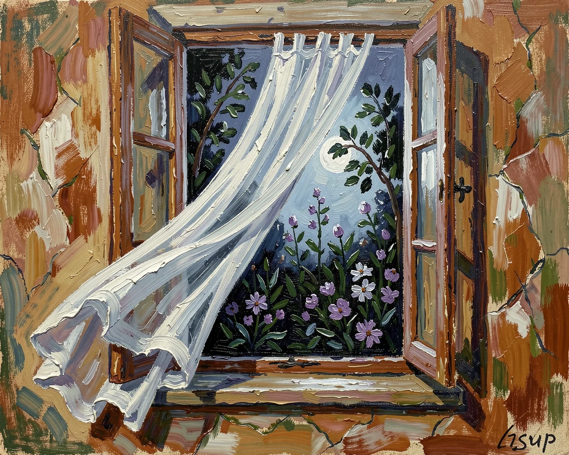A curtain billowing gently in an open window overlooking a quiet moonlit garden.