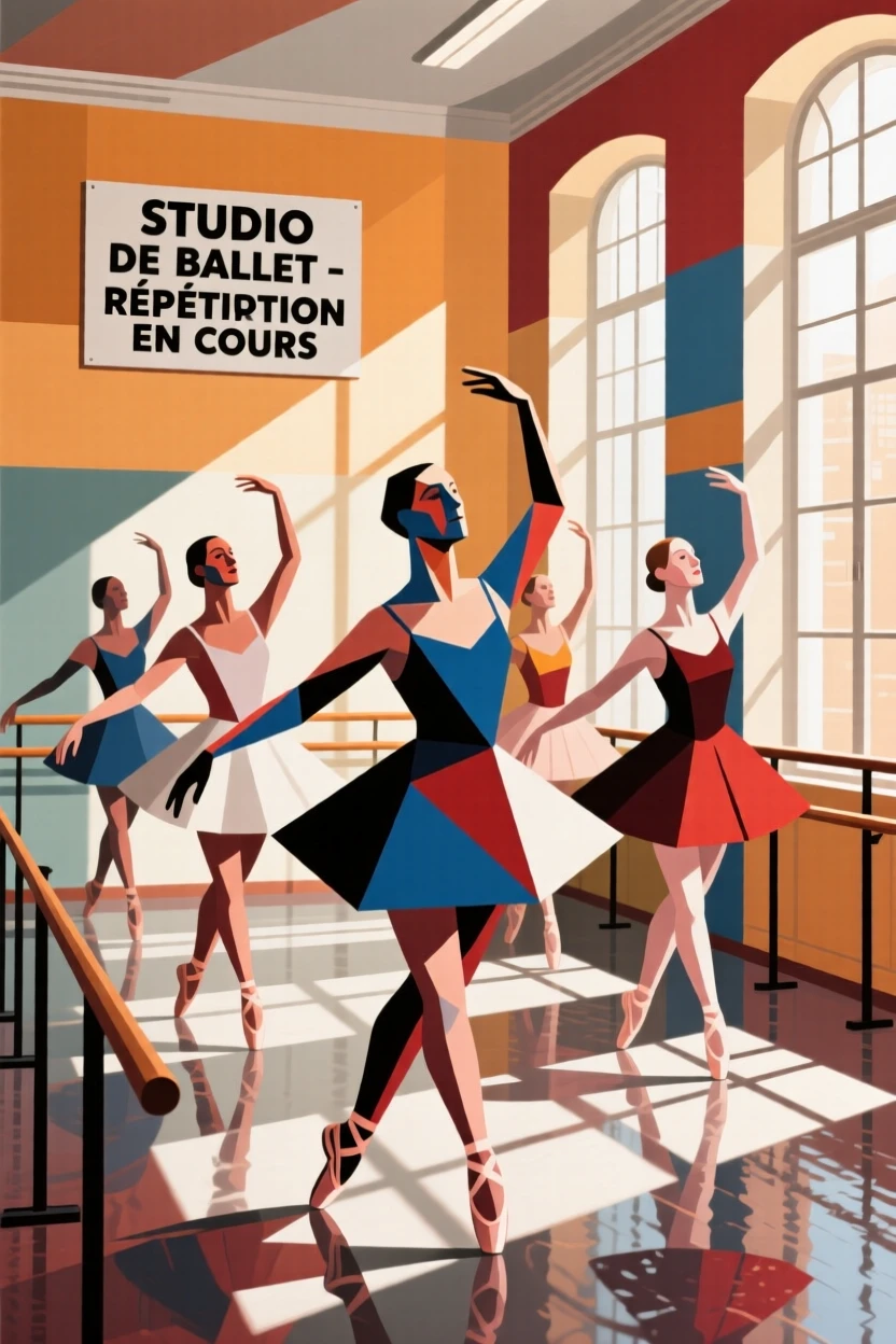 A group of dancers rehearsing gracefully in a sunlit ballet studio.