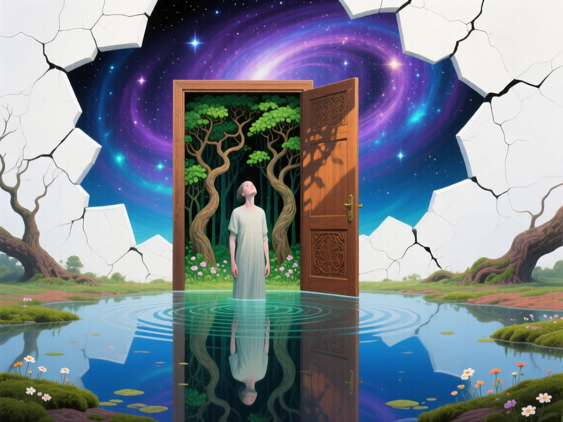 A figure whose chest opens like a door to reveal a forest gazes upward at a sky splitting open like an eggshell, as the ground beneath them slowly turns to still water.