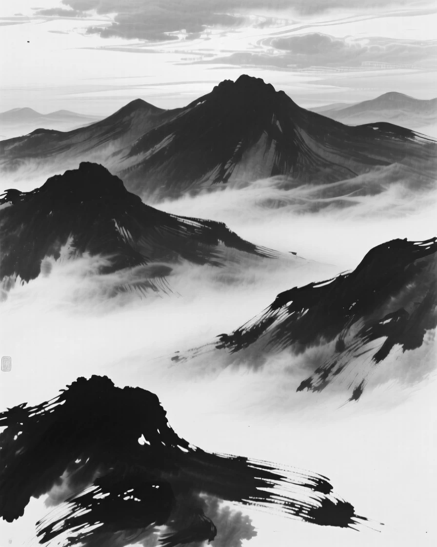 Streaks of golden light break through parting clouds over a mountain range, with mountain ridges emerging and vanishing in the shifting mist.